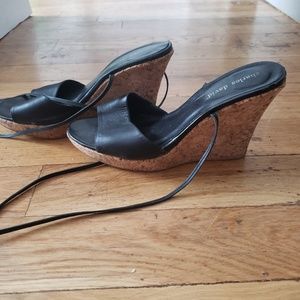 Black leather and cork wedges